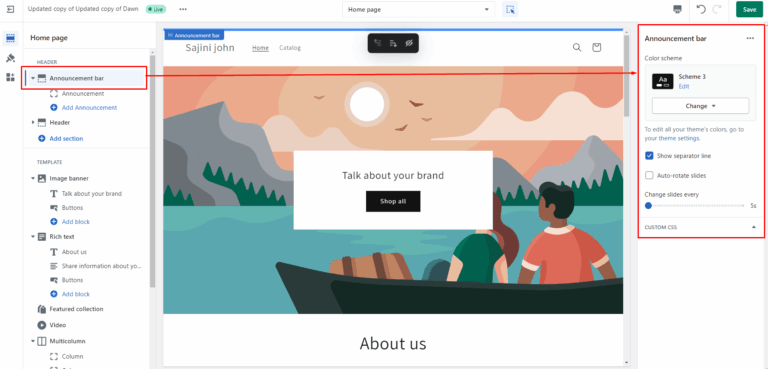 Dawn Theme Shopify Add Announcement Bar